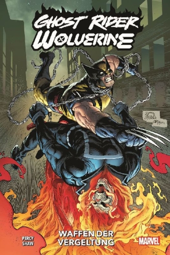 Buchcover und Innenansicht für das Buch: Ghost Rider/Wolverine: Weapons of Vengeance Alpha (2023) 1; Ghost Rider (2022) 17; Wolverine (2020) 36; Ghost Rider/Wolverine: Weapons of Vengeance Omega (2023) 1
