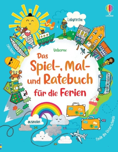 Buchcover und Innenansicht für das Buch: Das Spiel-, Mal- und Ratebuch für die Ferien