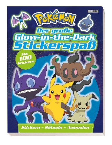 Buchcover und Innenansicht für das Buch: Pokémon: Der große Glow-in-the-Dark Stickerspaß: Stickern - Rätseln - Ausmalen
