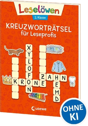 Buchcover und Innenansicht für das Buch: Leselöwen Kreuzworträtsel für Leseprofis - 2. Klasse (Rotorange)