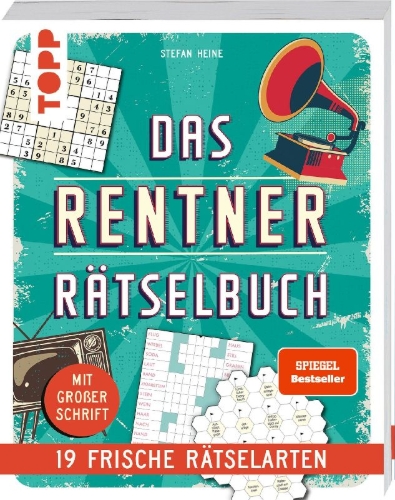 Buchcover und Innenansicht für das Buch: Das Rentner-Rätselbuch - 19 frische Rätselarten mit Nostalgie-Effekt.
