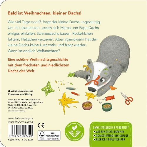 Buchcover und Innenansicht für das Buch: "Wann ist endlich Weihnachten?", fragt der kleine Dachs (Weihnachtsbuch)
