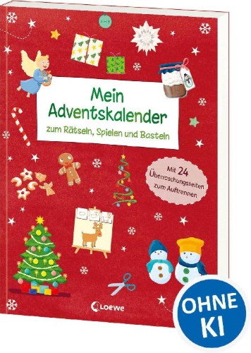 Buchcover und Innenansicht für das Buch: Mein Adventskalender zum Rätseln, Spielen und Basteln