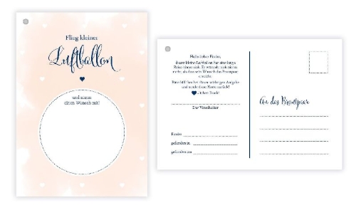 Buchcover und Innenansicht für das Buch: 50 Ballonflugkarten für Hochzeit, gelocht und extra leicht zum Weitfliegen. Wetterfeste Ballonkarten mit Wünschen zur Hochzeit für einen extra langen Flug. Weitflugkarten im Postkartenformat DIN A6