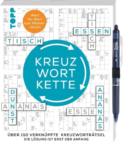 Buchcover und Innenansicht für das Buch: Die Kreuzwortkette - 150 verknüpfte Kreuzworträtsel: Die Lösung ist erst der Anfang