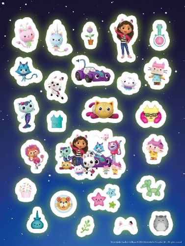 Buchcover und Innenansicht für das Buch: Gabby's Dollhouse: Der große Glow-in-the-Dark-Stickerspaß: Stickern - Rätseln - Ausmalen