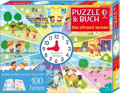 Buchcover und Innenansicht für das Buch: Puzzle & Buch: Die Uhrzeit lernen