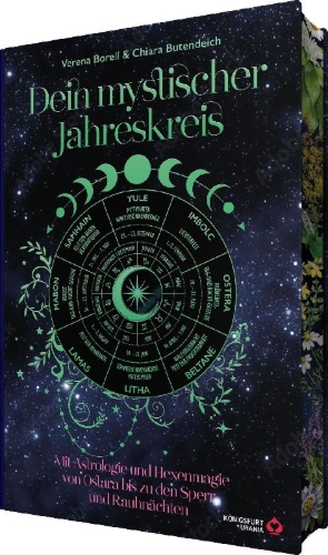 Buchcover und Innenansicht für das Buch: Dein Mystischer Jahreskreis - Mit Astrologie und Hexenmagie von Ostara bis zu den Sperr- und Rauhnächten