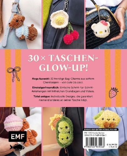 Buchcover und Innenansicht für das Buch: Make it yours! Supersüße Bag Charms häkeln mit @therapyonmyhook