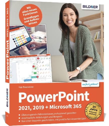 Buchcover und Innenansicht für das Buch: PowerPoint 2021, 2019 + Microsoft 365