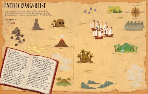 Buchcover und Innenansicht für das Buch: Piratenabenteuer - Rätseln, Malen, Mitmachen