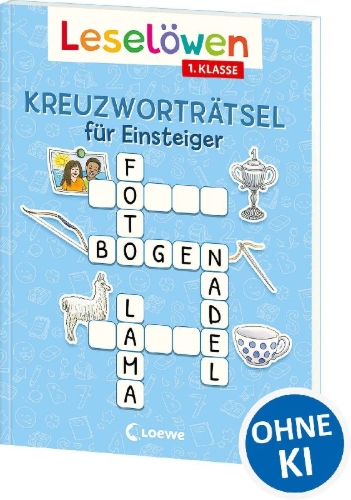 Buchcover und Innenansicht für das Buch: Leselöwen Kreuzworträtsel für Einsteiger - 1. Klasse (Himmelblau)