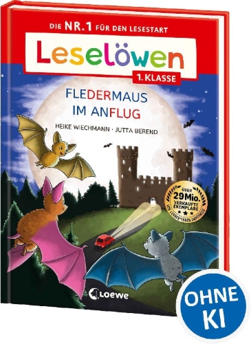 Buchcover und Innenansicht für das Buch: Leselöwen 1. Klasse - Fledermaus im Anflug (Großbuchstabenausgabe)