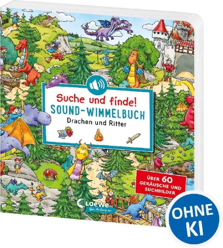 Buchcover und Innenansicht für das Buch: Suche und finde! Sound-Wimmelbuch - Drachen und Ritter