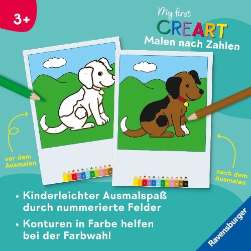 Buchcover und Innenansicht für das Buch: My first CreArt Malen nach Zahlen ab 3 - Tiere