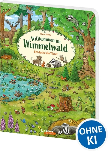 Buchcover und Innenansicht für das Buch: Willkommen im Wimmelwald - Entdecke die Tiere!