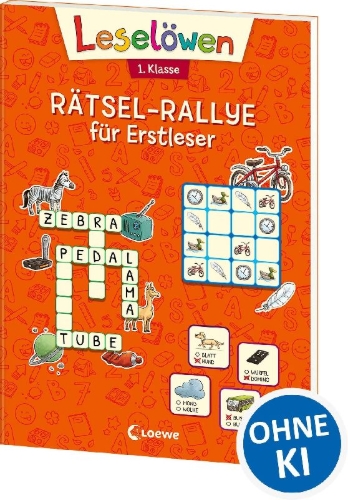 Buchcover und Innenansicht für das Buch: Leselöwen Rätsel-Rallye für Erstleser - 1. Klasse (Orange)