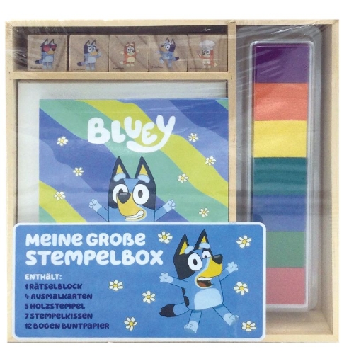 Buchcover und Innenansicht für das Buch: Bluey: Meine große Stempelbox