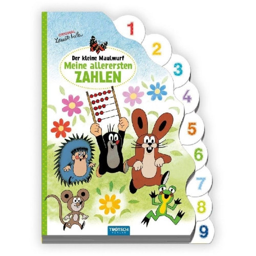 Buchcover und Innenansicht für das Buch: Trötsch Der kleine Maulwurf Pappbilderbuch mit Register Meine allerersten Zahlen