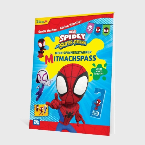 Buchcover und Innenansicht für das Buch: Große Helden - Kleine Künstler: Spidey und seine Super-Freunde: Mein spinnenstarker Mitmachspaß