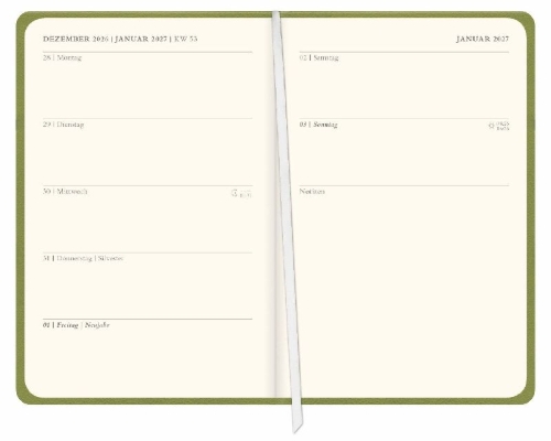 Buchcover und Innenansicht für das Buch: Diario Wochen-Kalenderbuch A6, grün 2027