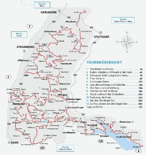 Buchcover und Innenansicht für das Buch: Entdeckertouren mit dem Wohnmobil Schwarzwald und deutscher Bodensee