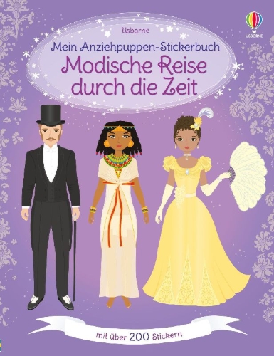 Buchcover und Innenansicht für das Buch: Mein Anziehpuppen-Stickerbuch: Modische Reise durch die Zeit