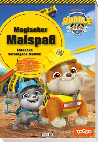 Buchcover und Innenansicht für das Buch: Rubble & Crew: Magischer Malspaß - Entdecke verborgene Motive!