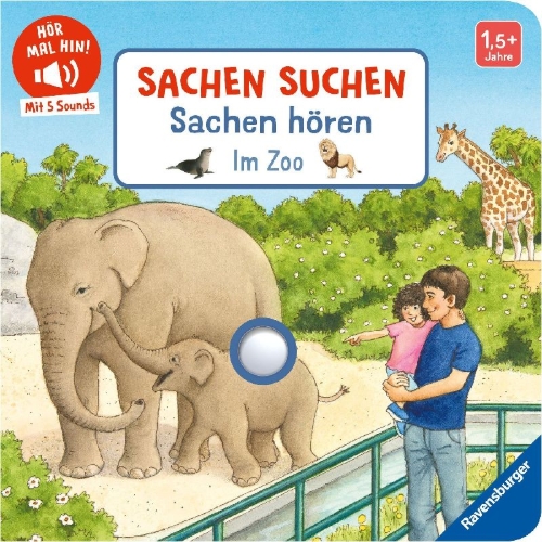 Buchcover und Innenansicht für das Buch: Hör mal hin - Sachen suchen, Sachen hören: Im Zoo