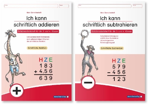 Buchcover und Innenansicht für das Buch: Ich kann schriftlich addieren und subtrahieren - 2 Arbeitshefte im Set