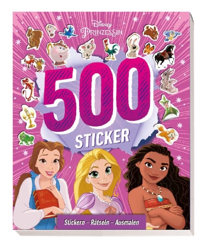 Buchcover und Innenansicht für das Buch: Disney Prinzessin: 500 Sticker - Stickern - Rätseln - Ausmalen