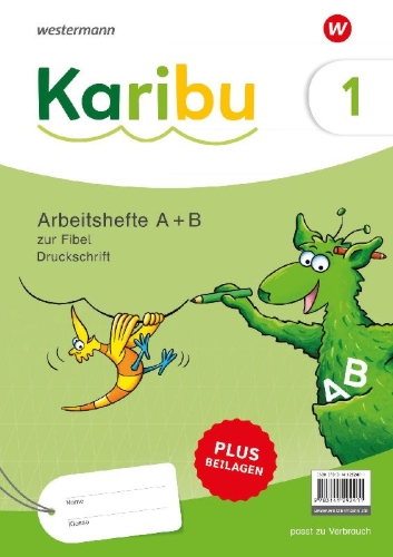 Buchcover und Innenansicht für das Buch: Karibu. Paket Arbeitshefte 1 (Teil A und B)  Druckschrift zur Fibel Verbrauch