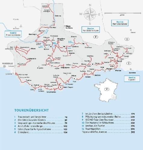 Buchcover und Innenansicht für das Buch: Entdeckertouren mit dem Wohnmobil Provence Cote d' Azur Der Osten