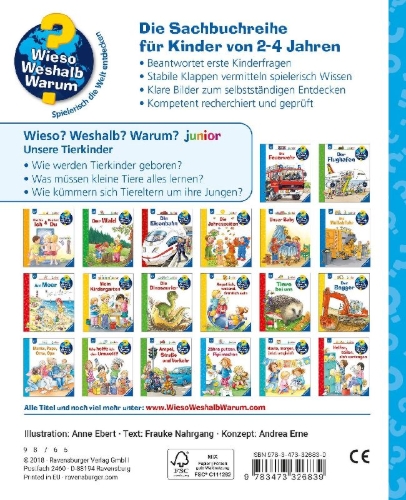 Buchcover und Innenansicht für das Buch: Wieso? Weshalb? Warum? junior, Band 15: Unsere Tierkinder