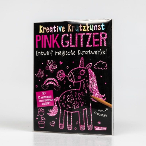 Buchcover und Innenansicht für das Buch: Kratzbilder für Kinder: Kreative Kratzkunst: Pink Glitzer