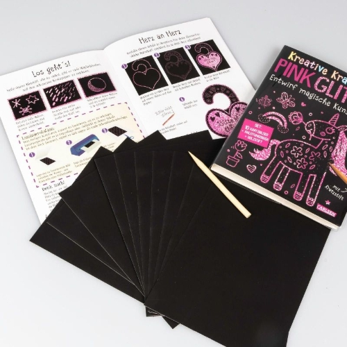 Buchcover und Innenansicht für das Buch: Kratzbilder für Kinder: Kreative Kratzkunst: Pink Glitzer
