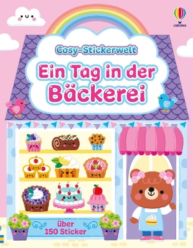 Buchcover und Innenansicht für das Buch: Cosy-Stickerwelt: Ein Tag in der Bäckerei
