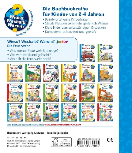Buchcover und Innenansicht für das Buch: Wieso? Weshalb? Warum? junior, Band 2: Die Feuerwehr