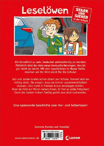 Buchcover und Innenansicht für das Buch: Leselöwen - stark und sicher in der Schule - Ich steige nicht in fremde Autos ein!
