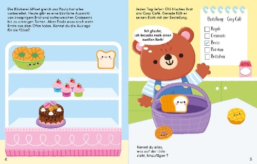 Buchcover und Innenansicht für das Buch: Cosy-Stickerwelt: Ein Tag in der Bäckerei