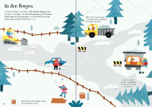 Buchcover und Innenansicht für das Buch: Meine Baustellen-Stickerwelt: Bagger, Kräne, Traktoren, Laster