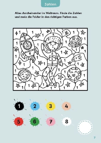 Buchcover und Innenansicht für das Buch: Rechenrätsel für mutige Kinder - Abenteuer Weltraum