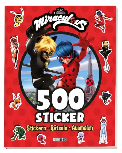 Buchcover und Innenansicht für das Buch: Miraculous: 500 Sticker - Stickern - Rätseln - Ausmalen