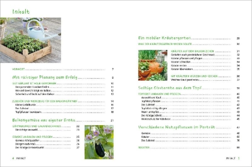 Buchcover und Innenansicht für das Buch: Alles Bio vom Balkon. Obst, Gemüse und Kräuter selber ziehen.