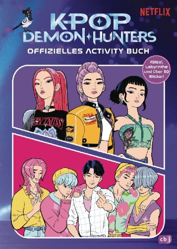 Buchcover und Innenansicht für das Buch: KPop Demon Hunters - Official Activity Book. Puzzles, Mazes, and over 50 Stickers!