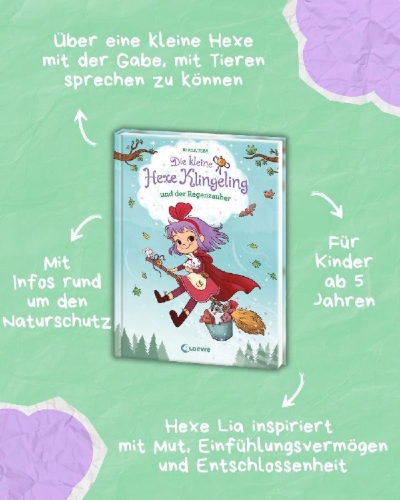 Buchcover und Innenansicht für das Buch: Die kleine Hexe Klingeling und der Regenzauber