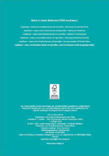 Buchcover und Innenansicht für das Buch: Leselöwen - Lesen und schreiben lernen mit Spurrillen - Zwei Freundinnen und ein neugieriger Welpe