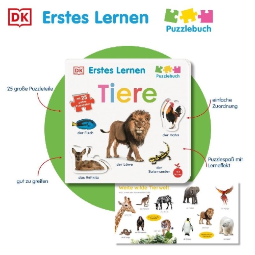 Buchcover und Innenansicht für das Buch: Erstes Lernen Puzzlebuch. Tiere