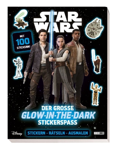 Buchcover und Innenansicht für das Buch: Disney Star Wars: Der große Glow-in-the-Dark-Stickerspaß: Stickern - Rätseln - Ausmalen