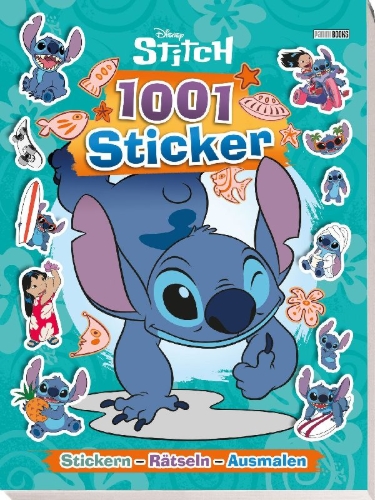 Buchcover und Innenansicht für das Buch: Disney Stitch: 1001 Sticker - Stickern - Rätseln - Ausmalen